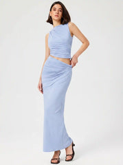 Knotted Ruched Crop Tank Top & Maxi Skirt Set