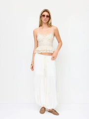 Cotton-blend Floral Sweetheart Lace Trim Peplum Cami Blouse