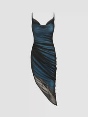 Mesh Cowl Neck Ruched Maxi Dress