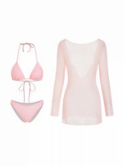 Halter Neckline Triangle Bikini Set With Sheer Cover Up Dress