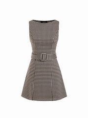 Jacquard Gingham Boat Neck A-line Mini Dress With Belt