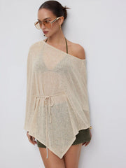 Textured Linen-blend Asymmetrical Neck Cloak Sleeve Top