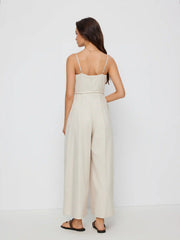 Linen-blend Mid Rise Straight Leg Jumpsuit With Beaded Belt