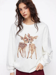 Cotton-blend Deer Graphic Bowknot Oversized Sweatshirt
