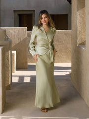 Satin V-neck Draped Pearl Button Top & Mid Rise Mermaid Maxi Skirt Set