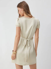V-neck Lace Panel Slip Knotted Mini Dress