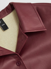 Faux Leather Collar Solid Button Jacket With Belt