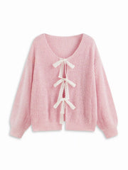 Knit V-neck Tie Front Bow Oversized Cardigan Curve & Plus