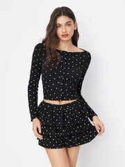 Cotton-blend Polka Dot Boat Neck Long Sleeve Top & Mid Rise Layered Mini Skirt Set
