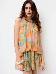 Chiffon Tie Dye Twist Knotted Halter Neck Flared Mini Dress