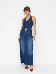 Denim Halter V-neck Split Front Top
