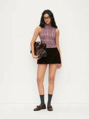High Stretch Turtleneck Checks Ruched Hem Top