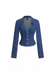 Stretch Denim Collar Ruched Metal Button Blouse