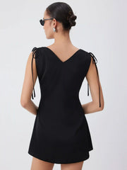 Satin V-neck Drawstring A-line Mini Dress
