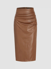 Faux Leather Mid Waist Ruched Midi Skirt
