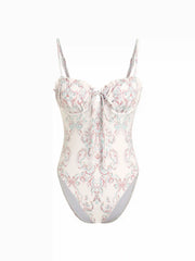 Sweetheart Paisley Ruched Tie Front Lettuce Trim One-piece Swimsuit