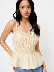 Cotton-blend Shirred Waist Bowknot Cami Top