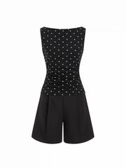 Polka Dot Boat Neck Ruched Mid Rise Romper