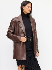 Faux Leather Notched Collar Oversized Blazer