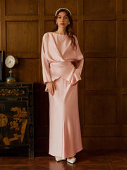 Satin Boat Neck Asymmetrical Hem Top & Maxi Skirt Set
