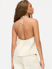 Denim Halter Neckline Beaded Twist Knotted Oversized Cami Top