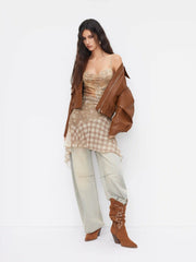 Mesh Floral Plaid Patchy Cowl Neck Asymmetrical Hem Ruffle Midi Dress