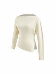 Knit Boat Neck Asymmetrical Hem Split Long Sleeve Top