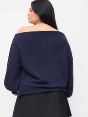 Knit Asymmetrical Neck Puppy Pattern Lantern Sleeve Sweater Curve & Plus