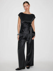 Satin Boat Neck Draped Top & Mid Rise Elastic Waist Wide Leg Trousers Set