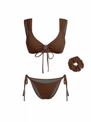 Sweetheart Bracelet Top & Low Rise Bikini Bottom With Scrunchie Three-piece Bikini Set