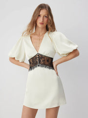 Satin V-neck Contrasting Lace Lantern Sleeve A-line Mini Dress