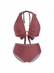 Halter Neck Ruched Metal Detail Bikini Set Curve & Plus