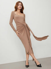 Rib Knit Square Neck Solid Twist Maxi Dress
