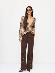 Corduroy Mid Rise Metal Button Straight Leg Trousers