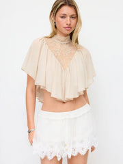 Chiffon Floral Lace Stand Collar Cloak Sleeve Oversized Blouse