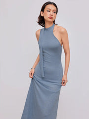 Knit Halter Neckline Solid Ruffle Hem Midi Dress