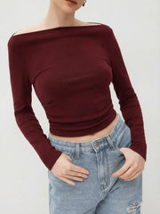 Thermal Cotton-blend Boat Neck Solid Ruched Long Sleeve Tee