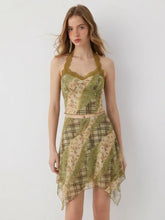 Chiffon Floral Halter Neckline Lace Top & Mid Rise Ruffle Hem Midi Skirt Set
