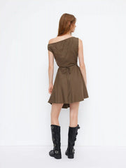 Asymmetrical Neck Check Ruched Pleated Tie Back Mini Dress