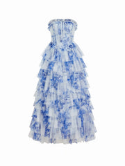 Chiffon Sculptural Floral Strapless Lace Up Knotted Layered Maxi Dress