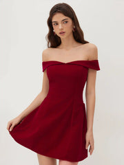Velvet Off-shoulder Solid Zipper Mini Dress