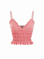 Gingham V-Neck Shirred Ruffled Cami Top