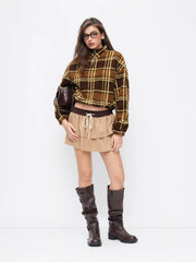 Fleece High Neck Drawstring & Plaid Oversized Sweatshirt