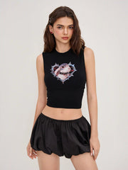 Punk Rabbit Graphic Round Neckline Ruched Crop Tank Top