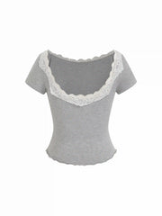 Cotton-blend Boat Neck Lace Lettuce Trim Short Sleeve Top