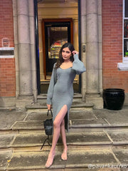 Knit Solid Cami Split Midi Dress & Shrug