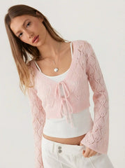 Knit Textured Bell Sleeve Cardigan With Tie Front Bow