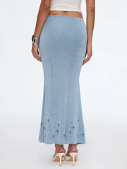 Textured Mid Rise Star Graphic Ruched Mermaid Maxi Skirt