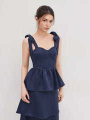 Jacquard Scoop Neckline Solid Bowknot Layered Maxi Dress