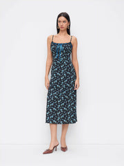 Square Neck Ditsy Floral Bowknot Straight Maxi Dress